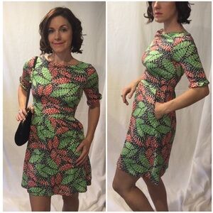 Lilly Pulitzer Green and Coral Leaf Print Fit-and-Flare Dress